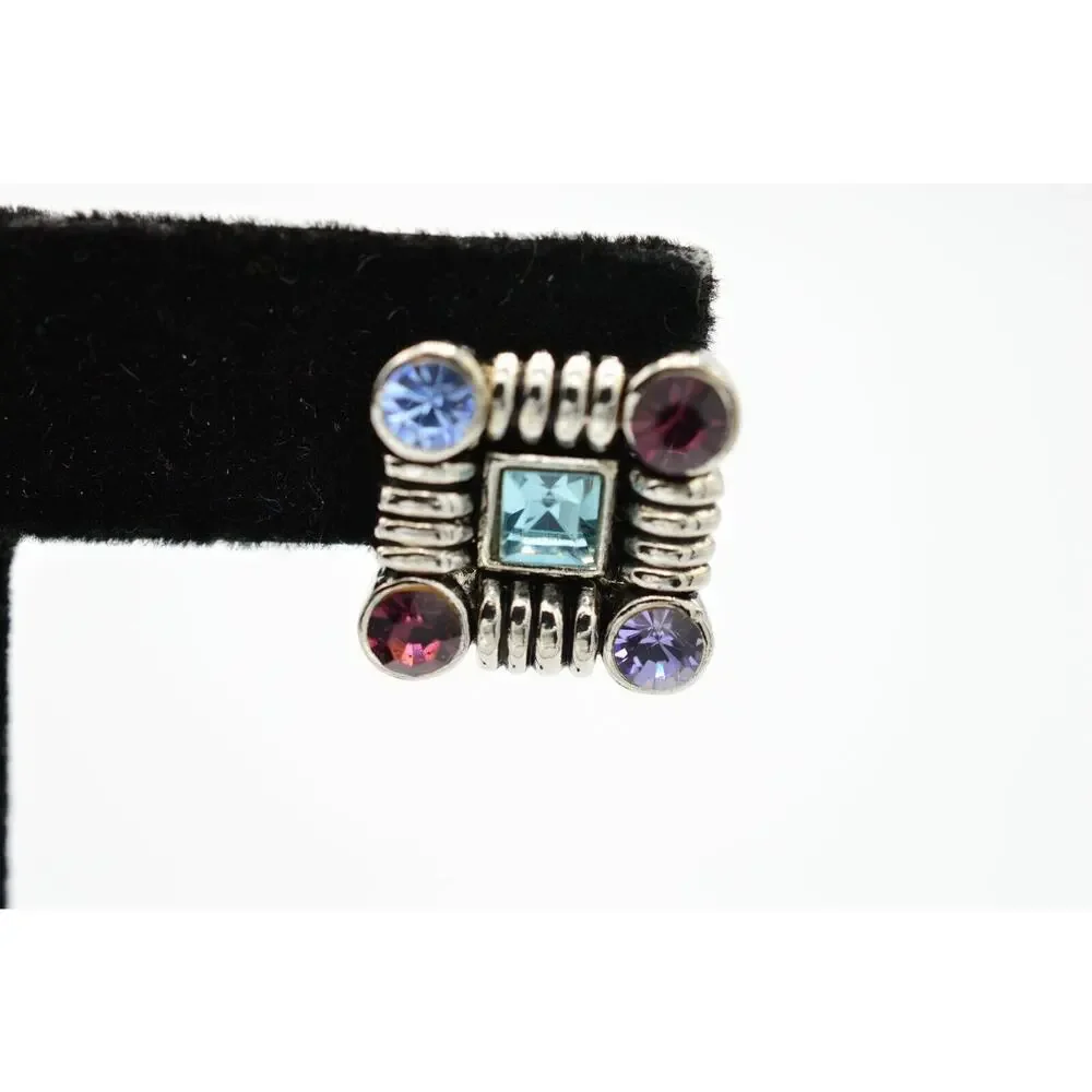 Vintage Stud Earrings Shiny Rhinestone Crystal Square Blue Purple Silver Bin4
